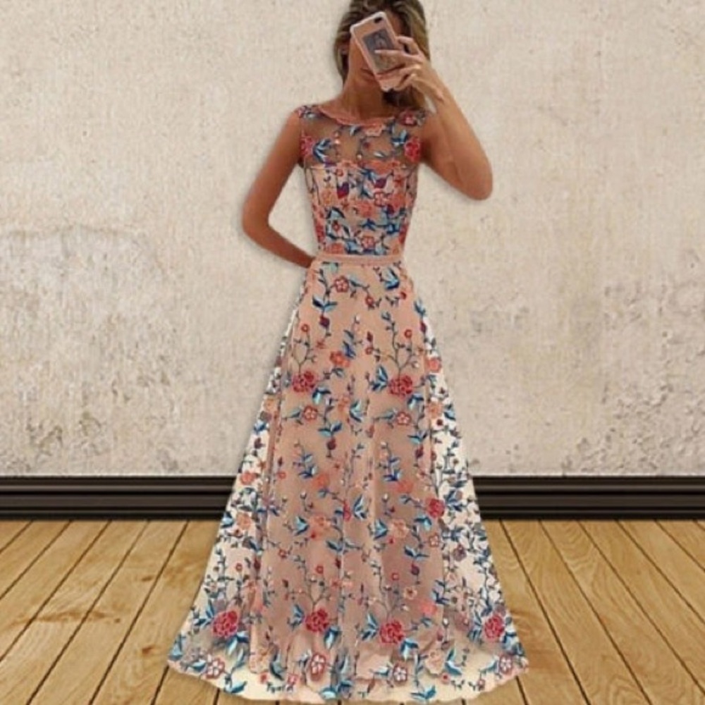 Women's Flower Embroidery Mesh Evening Party Prom Cocktail Maxi Dress